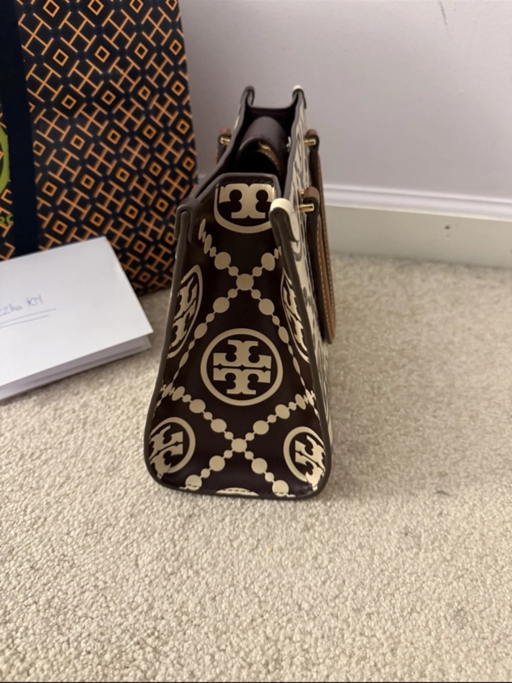 NWT Tory Burch T-Monogram Contrast Embossed Square Tote Marron/New Cream Rare - Picture 3 of 9